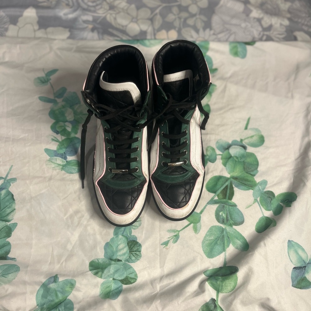 Christian Dior High Top Sneakers Leather Black Green Pink Trim Women’s 37